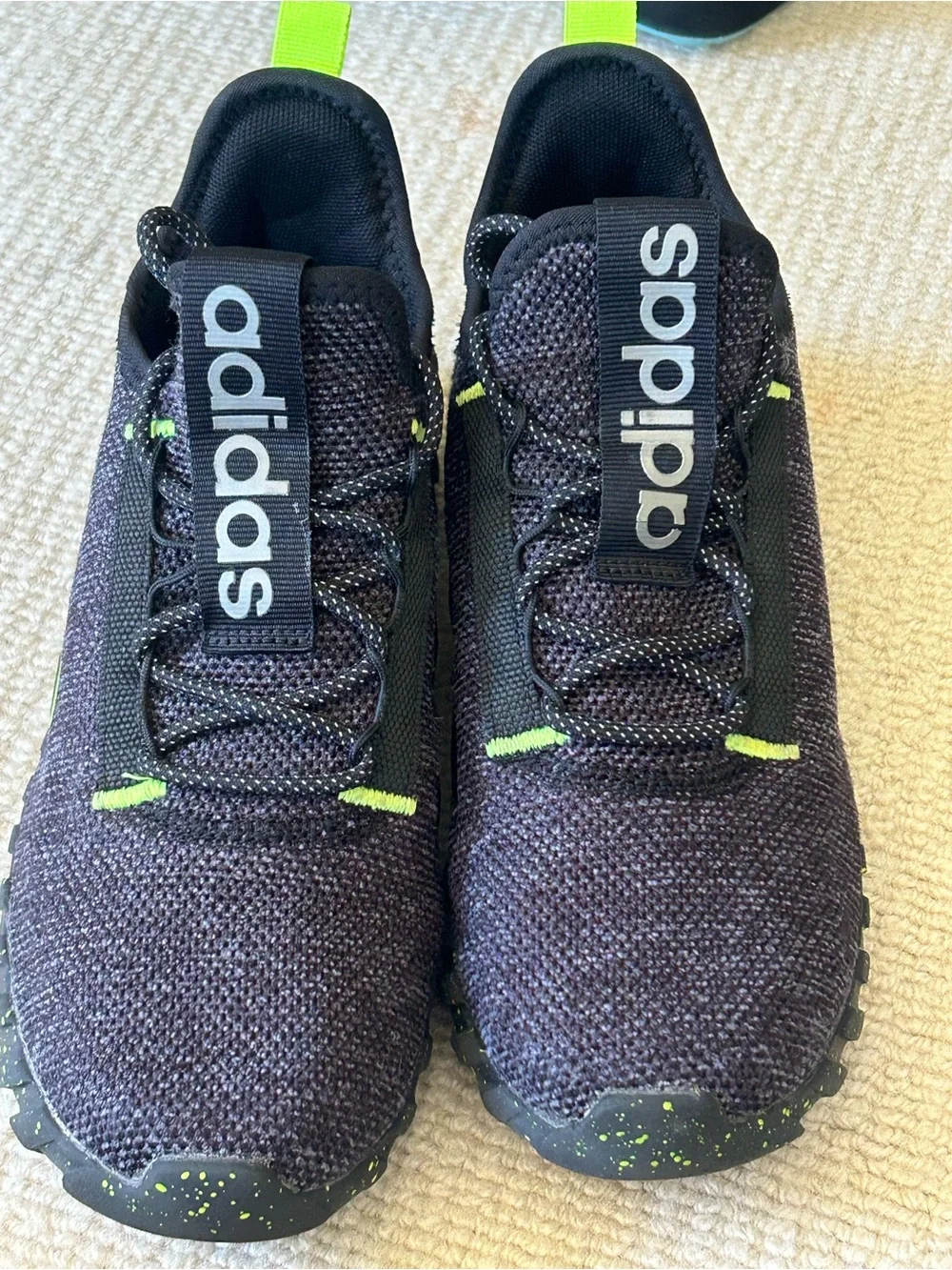 adidas Kids Black Knit Sneakers with Neon Green Accents